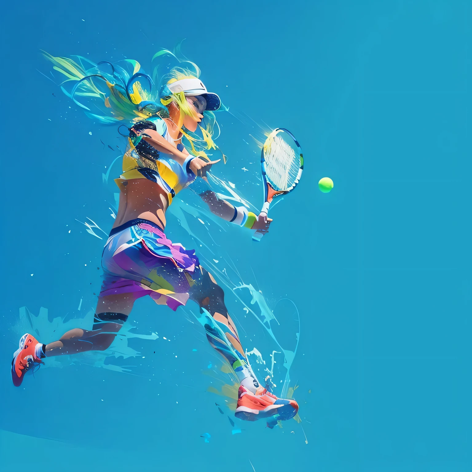 A tennis player in vibrant colors hits the ball with their racket, high-speed Sports photography, Play tennis, Sports photography, Artistic depiction, Artistic Expression<