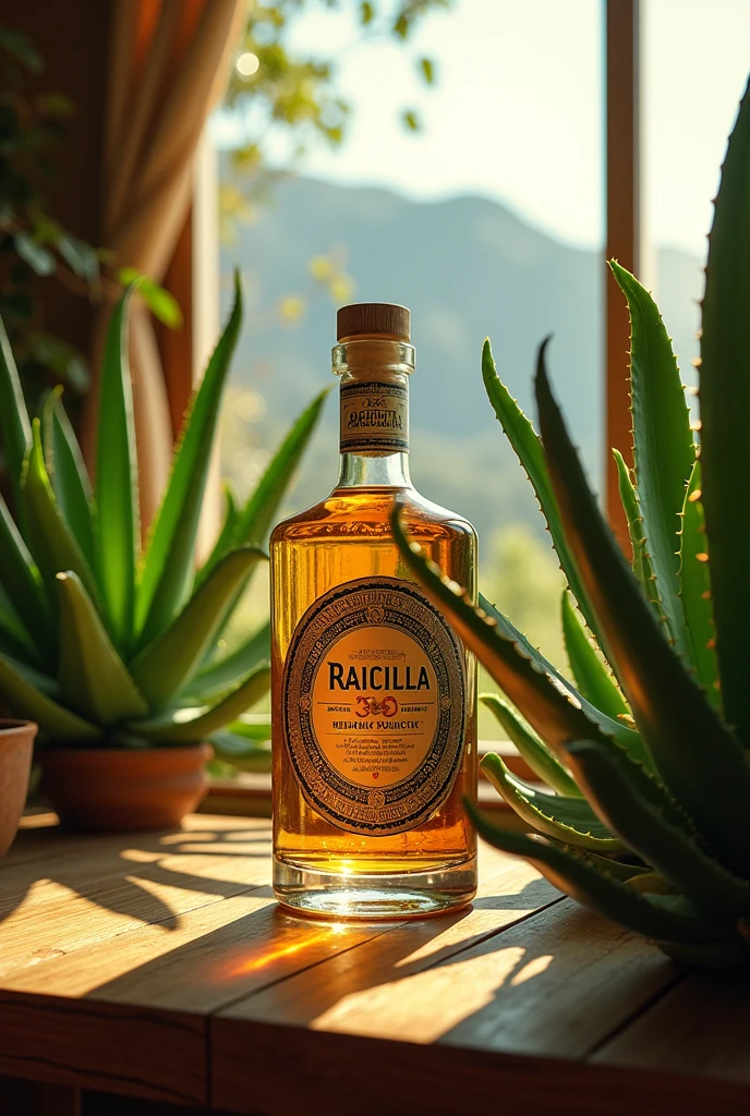 (photorealism:1.2), Una botella de Raicilla rodeada de agaves, con un fondo que represente las montañas de Jalisco. soft lighting, plants in background, window with sunlight, cozy room, relaxed pose, realistic, intricate details, warm colors, by Greg Rutkowski, by Alphonse Mucha