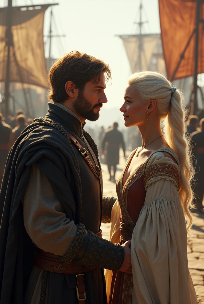Create a realistic image of a medieval gentleman with light brown hair., short beard, typical clothes of a noble from Essos and meeting a lady with white hair. Ao fundo, build a ship port 