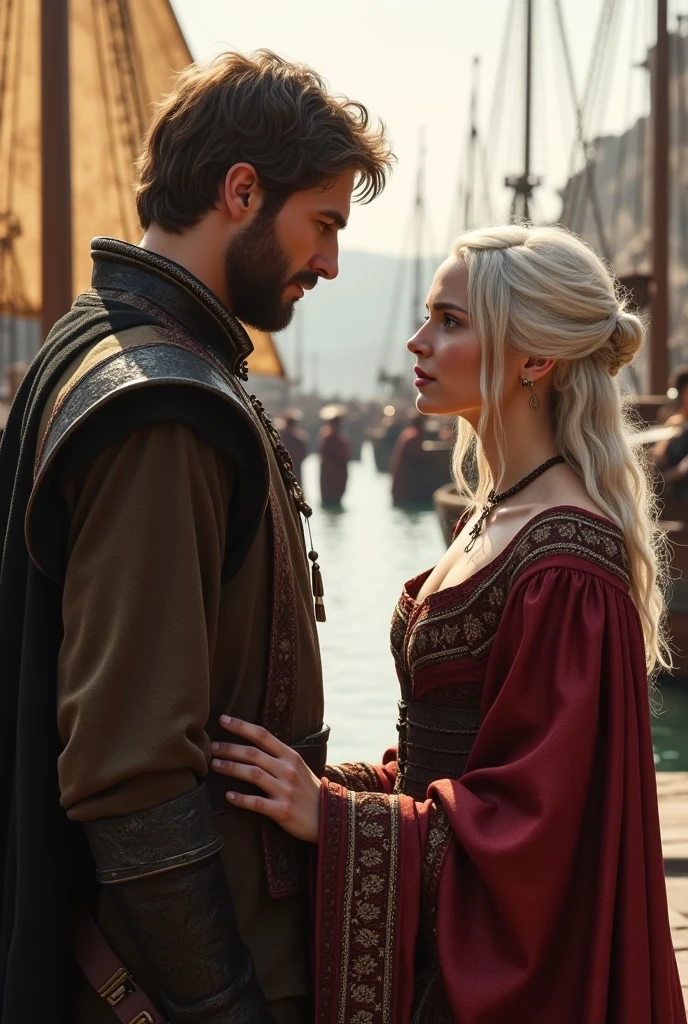 Create a realistic image of a medieval gentleman with light brown hair., short beard, typical clothes of a noble from Essos and meeting a lady with white hair. Ao fundo, build a ship port