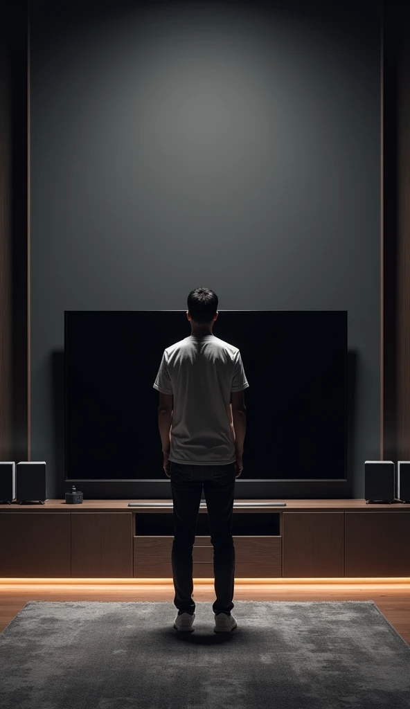 TV stand with speakers and speaker system, black oled background,
Personal room background, 8k vertical screen wallpaper ,with a man looking at the TV