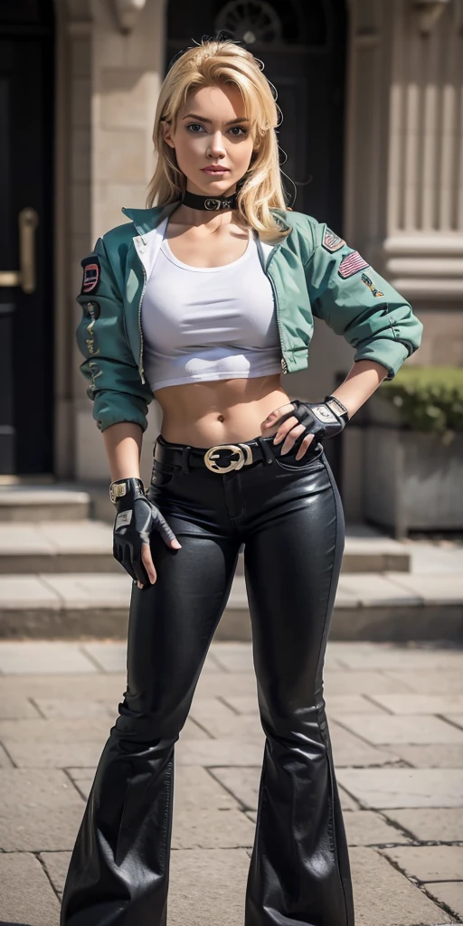 8k, masterpiece, best quality, ultra-detailed, sonyablade, 1girl, solo, long hair, blonde hair, cute blue eyes, breasts, choker, crop top, cropped green jacket, black fingerless gloves, full body, hand on hip, highleg panties, jacket, combat boots, lipstick, makeup, (abs:0.3), midriff, navel, black pants (Wide flares on pants:1.2),