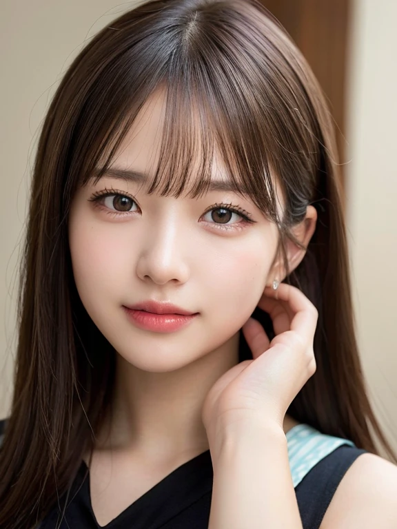 (masterpiece:1.3), (8k, Realistic, RAW Photos, Best image quality: 1.4), 、(Random Hairstyles:1.2)、Highly detailed face、Attention to detail、double eyelid、Sharp focus:1.2、Beautiful woman:1.4、Light brown hair、Highest quality、masterpiece、Ultra-high resolution、(Realistic:1.4)、Highly detailed and professional lighting、Brown Knight、thin、A sparkling smile、Long black hair、Deadly position、Beautiful Skin、Shiny Hair、Childish expression,