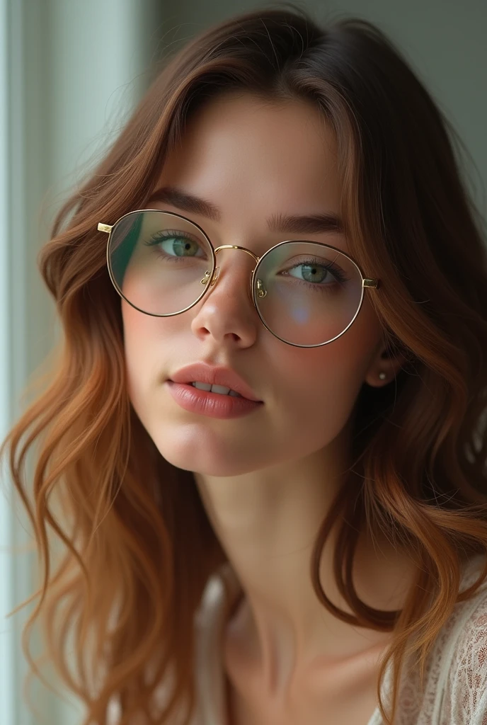 25-year-old brunette with caramel brown, wavy hair and glasses