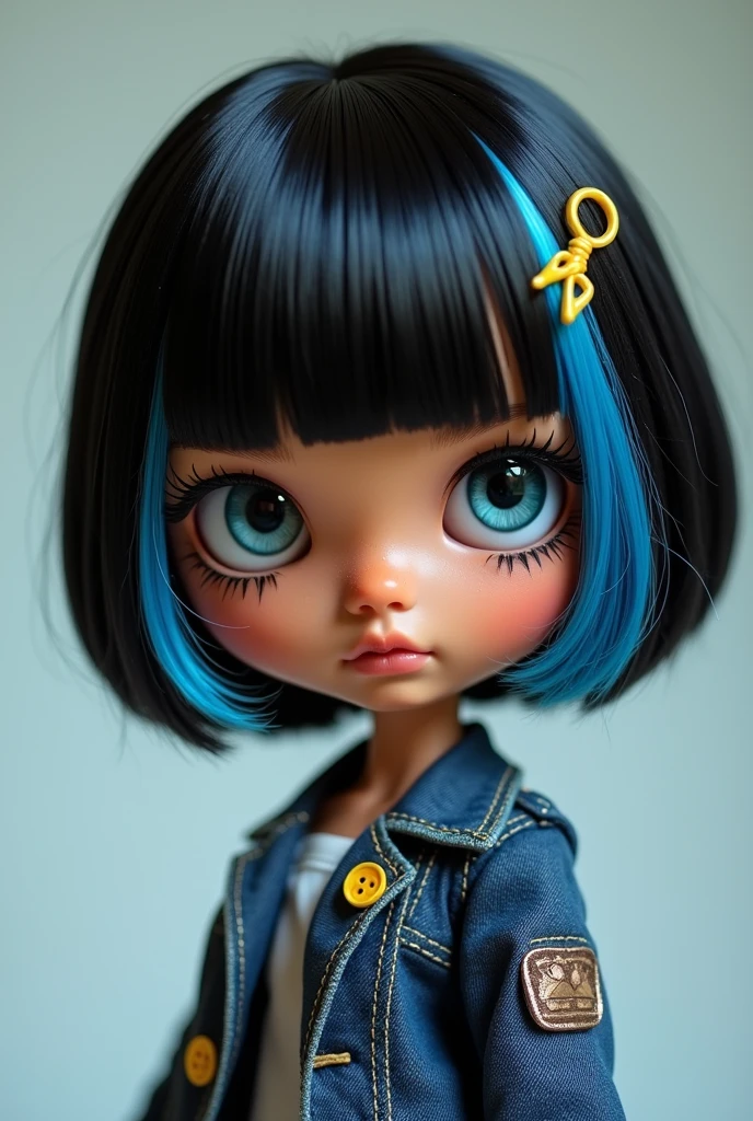 generates a brunette blythe doll with black hair and blue highlights , with fringe , with a yellow hook , big eyelashes and big lips , Smooth and Short Hair