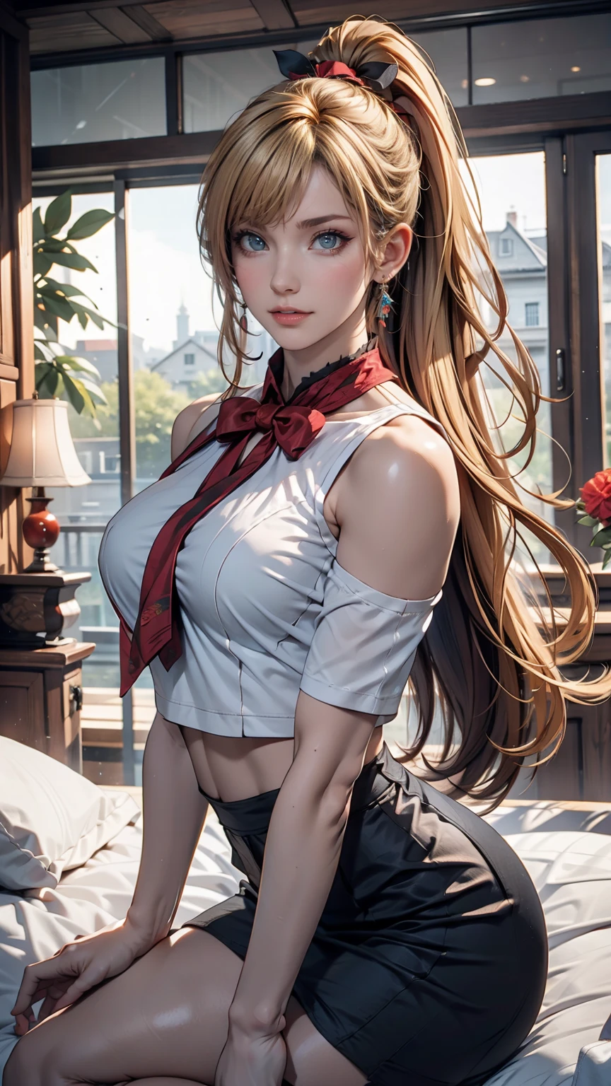 masterpiece, Ultra-high-definition CG, Highest quality, Perfect photo, alone, Lydia Sobieska (Iron fist, Blonde hair in a high ponytail, blue eyes, Red Hair Bow, strong), Wearing a sexy karate uniform, Sit on the bed, Turn to the side, blush, Show your shoulders, In a European mansion
