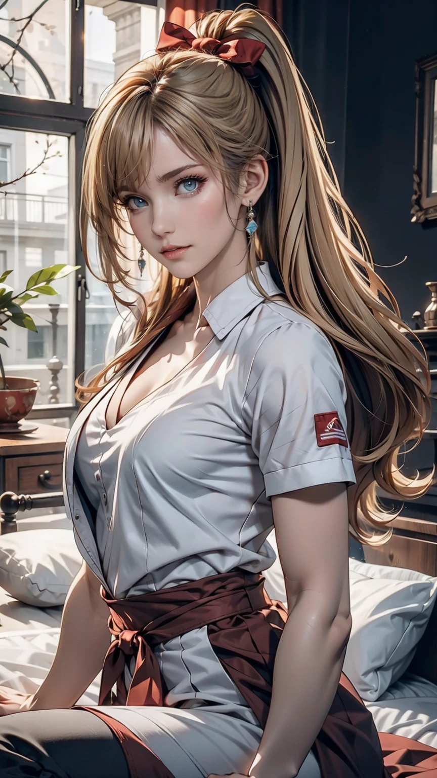 masterpiece, Ultra-high-definition CG, Highest quality, Perfect photo, alone, Lydia Sobieska (Iron fist, Blonde hair in a high ponytail, blue eyes, Red Hair Bow, strong), Wearing a sexy karate uniform, Sit on the bed, Turn to the side, blush, Show your shoulders, In a European mansion