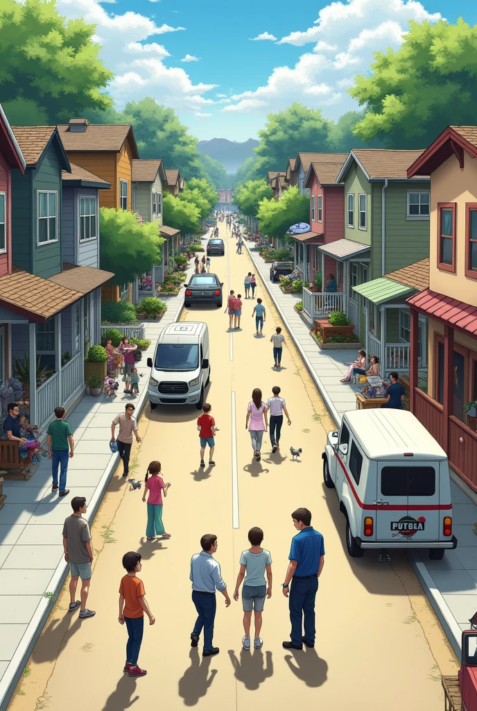Any day on any street. Pedestrians walk on the sidewalks, Children play in front of the portals, People are sitting on benches and steps, The crafty one makes his rounds with the mail, Two passersby greet each other on the sidewalk, Two mechanics fix a car, some groups talk.