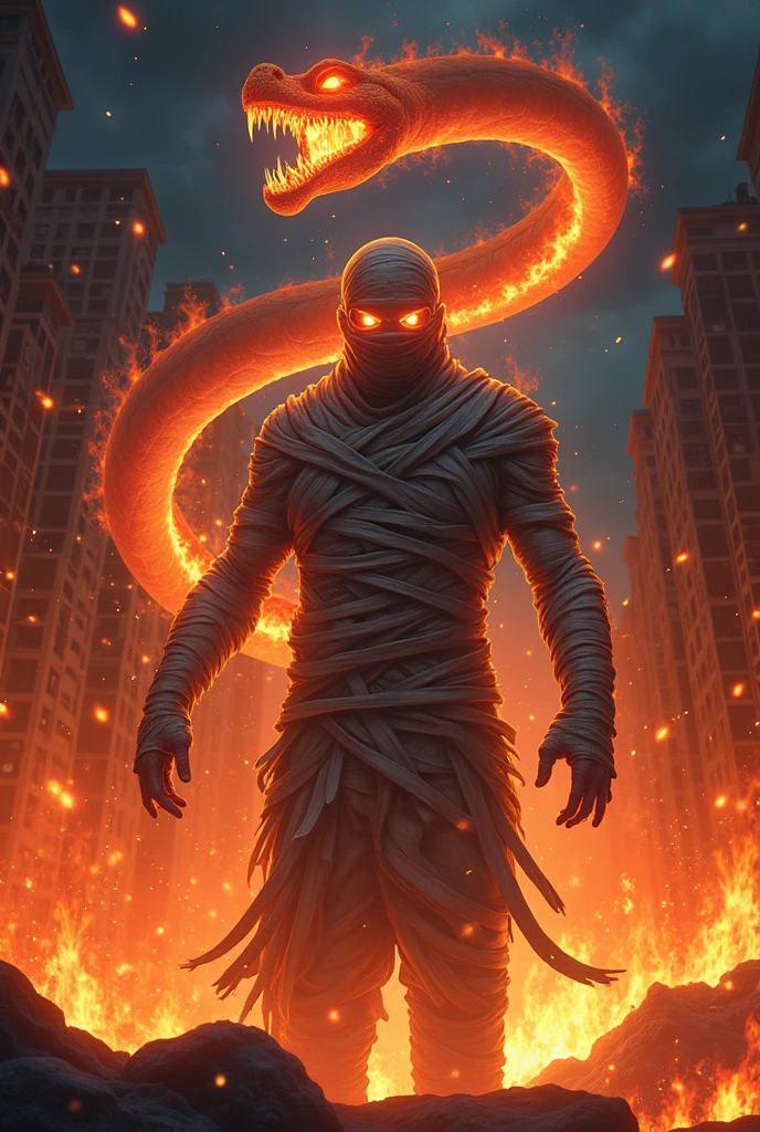 Anime art style. The image will depict a man wrapped in bandages like a mummy, with only his made of fireeyes are visible. He is shown evilly, surrounded by buildings engulfed in flames. A gigantic snake OF FIRE coils around the scene. The setting is at night, with dramatic, high-contrast lighting that emphasizes the intense shadows and the fire's glow. The overall atmosphere is dark and foreboding, with a sense of overwhelming destruction.