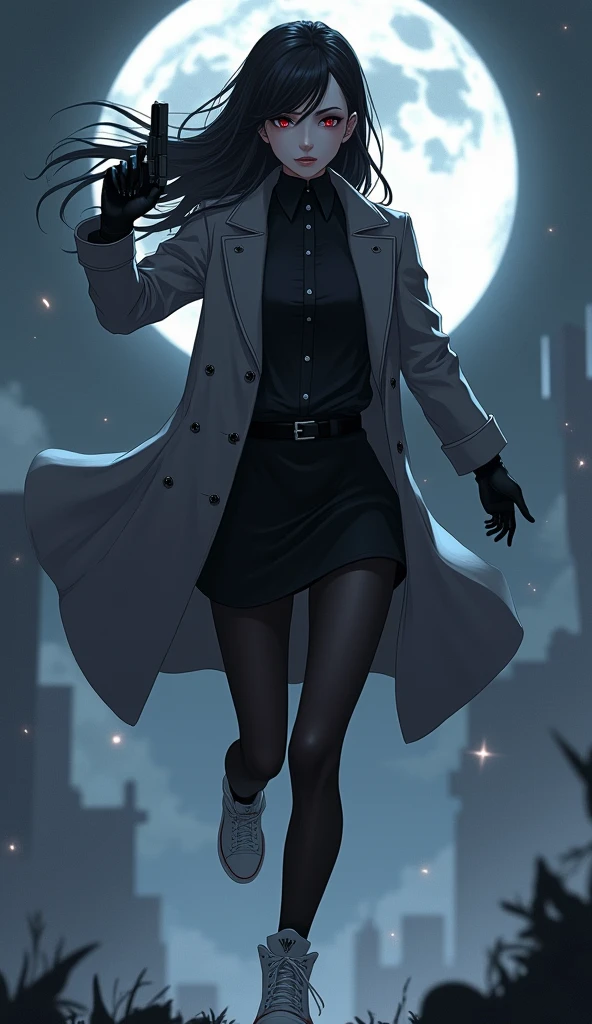 The one young woman, long black hairs, yuri, Vampire Hunters.
The young woman black eyes wear a grey long coat, black shirt, black pencil skirt, black underpants, black tights, black gloves, white sneakers high top.
holding a one pistol handgun, running, black grey sky, fantastic night sky, moon, cartoon anime, 4K, HD