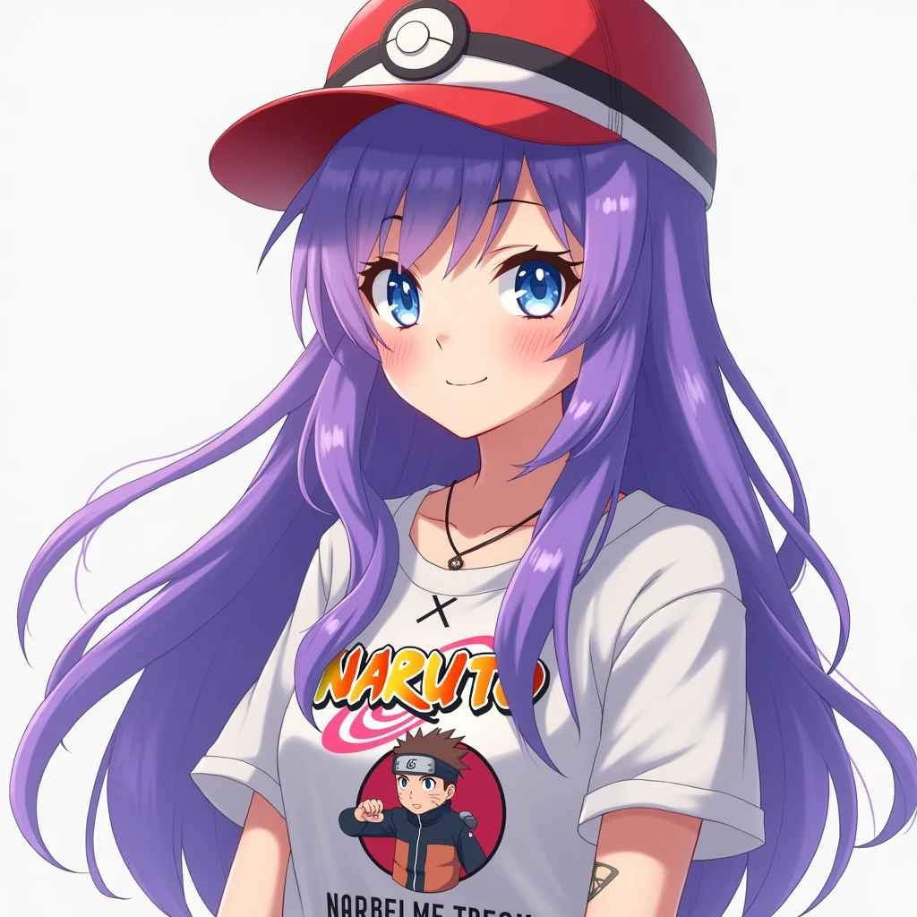 Female character, anime styling, cabelo roxo, long hair, pretty, skin fair, blue colored eyes, with a Pokémon Poké Ball hat, with naruto shippuden anime t-shirt, with an X-shaped tattoo