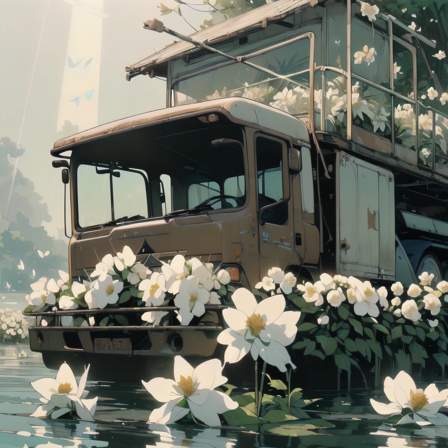 (((Masterpiece, top quality))), (((32K wallpaper))), ultra high resolution, (((close-up))), gorgeous light leak, (((backlit))), highly detailed background, top quality, (((no humans))), highly transparent river, (((extremely detailed rusty heavy truck with many white flowers)),  (((( very dull color )))), (((( white flowers in the water))), (((butterfly))),(((Strong light shines in)))、(((白い羽)))、(((雲と霧)))