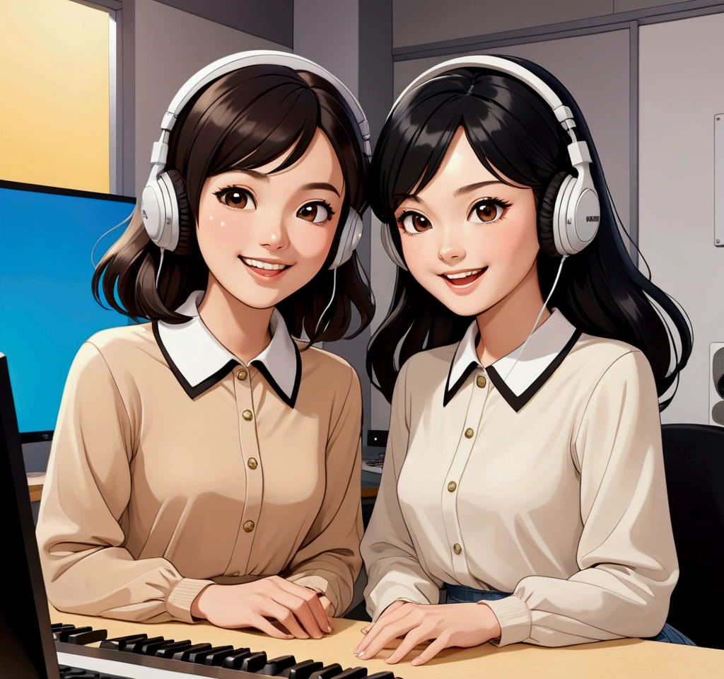 Name "SAROCHA REBECCA AT EFM
#FREENBECKxEFMFANDOM" in a dynamic and fun font, very colorful, metallic, in 3d and create an image in anime Illustration style of two women in love. One is a beautiful young woman with delicate Asian features and long, loose black hair, dressed in a simple light beige tulle dress with long sleeves and next to her is a beautiful young British woman with brown hair gathered in a bun, wearing a black t-shirt with a white collar trim and white wide-leg jeans. Both are in a radio studio with headphones in their ears, sitting at a desk where the radio microphones are, laughing and having fun with the viewers.