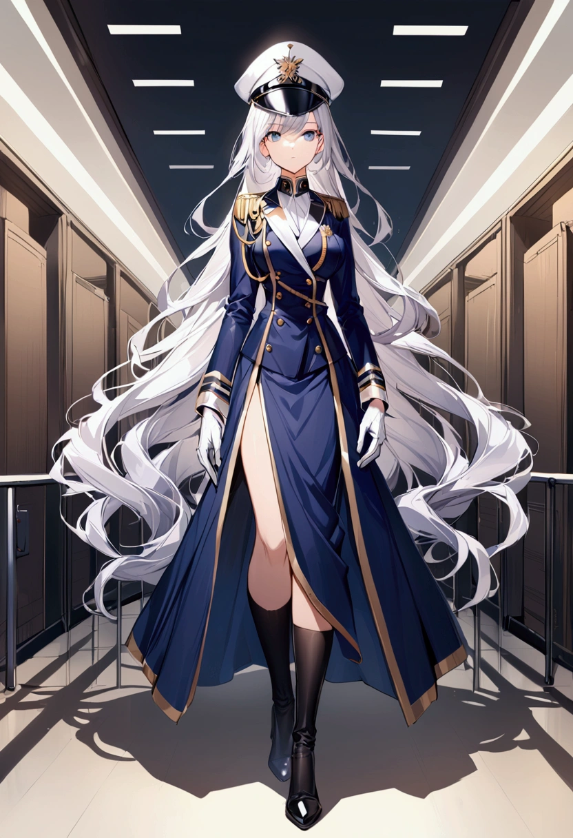 Office background, Military uniform, dark blue uniform, white glove, military cap, 1girl, white hair, shining hair, medium breast, full body shot, facing viewer,