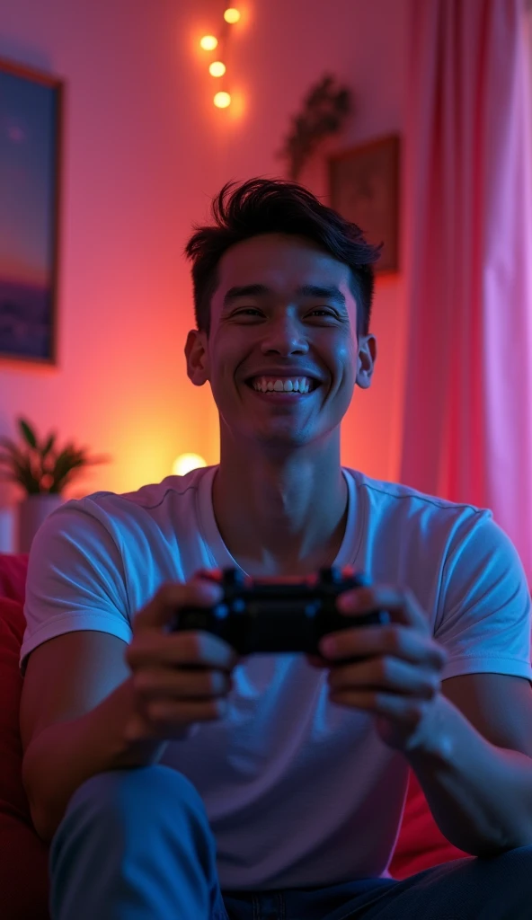 photorealistic, best quality, masterpiece, extremely detailed, side view, extremely handsome, 20 year old bruneian man, no facial hair, muscular build, laughing, looking directly at camera, holding a video game console controller, playing video games, sitting on couch, in fun bedroom, extremely romantic atmosphere, perfect face, perfect fingers, perfect hands, perfection