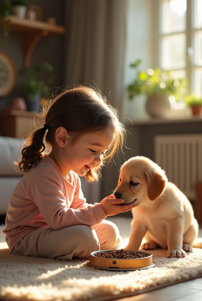 Advertisement for dog food where the brand of the packaging is seen and a girl feeding her puppy, and it's for a lifestyle segment