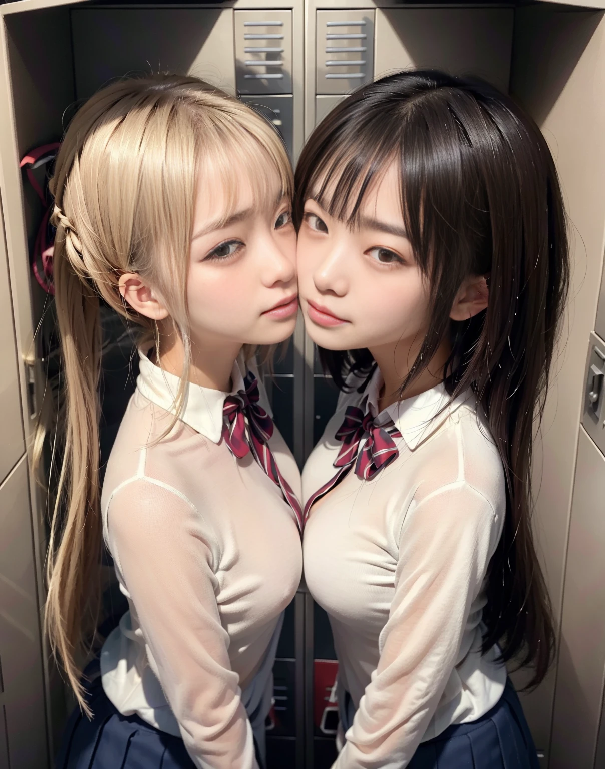 8k,masterpiece,Japanese,best quality, (schoolgirls:1.4), (kissing:1.4), (crowded locker:1.5), (reluctantly:1,3), (blush:1.3), (breasts:1.2)