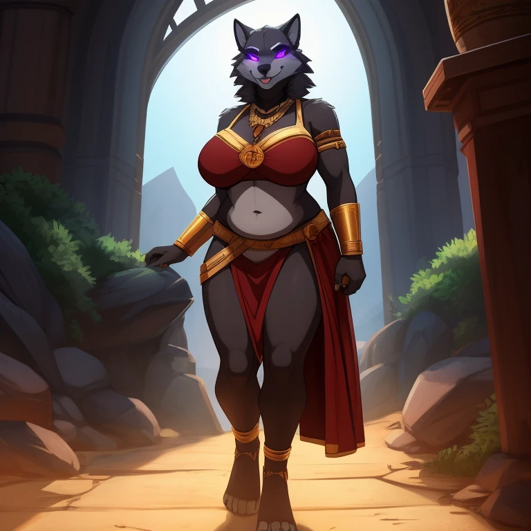 Chubby_muscular_timberwolf female gray_furry_body, hypnotized with glowing purple eyes, tongue out, tribal clothes, yellow_tabard, solo Masterpiece best_quality absurdres highly_detailed cleanly_drawn_eyes, anthro_only smug_grin large_breasts by_claweddrip, by_greasymojo, by_underscore-b, by_runawaystride, carrying a tray with golden cups full body image