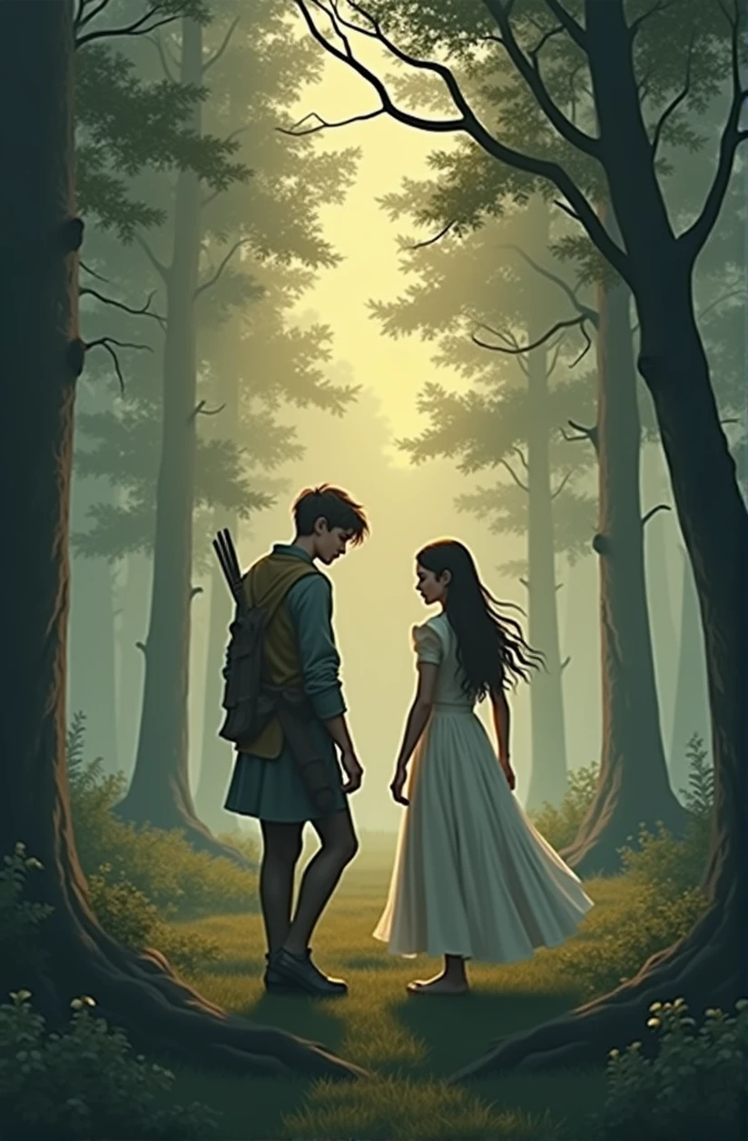 In the forest clearing, at dusk, a young hunter walked alone, absorbing the tranquility of the surroundings. He never imagined he would cross paths with someone in that secluded corner, bet, As she rounded a bend, she caught sight of a maiden. She seemed lost, with eyes revealing a mix of fear and hope. Their gazes met, and something deep and inexplicable passed between them.