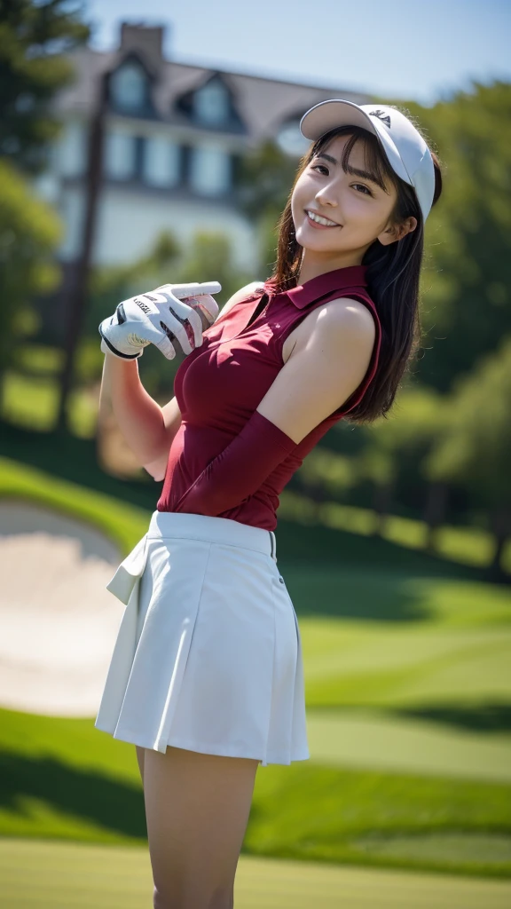 Highly detailed CG Unity 8k wallpaper, with the best quality, Super detailed, masterpiece, realistic, Realistic Photos, Highly detailed cute girl, 19 years old, solo、slender, tall 165cm, (sexy golf wear) , (golf mini flared skirt) , (hugging a golf driver), (wearing golf gloves)、smile , round eyes, slender body, natural breasts、viewers watching, full body shot , golf course , Sun visor, ((low angle photo)), nsfw,