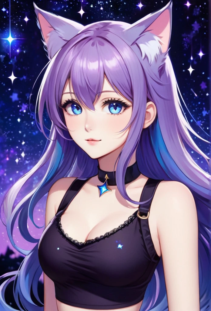 1girl, cat ears, long hair, bangs, light purple hair, gorgeous blue eyes, 1 purple cat tail, eyeliner, long lashes, collar, black low cut tank top, breasts, starry background, half body 