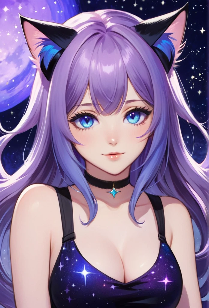 1girl, cat ears, long hair, bangs, light purple hair, gorgeous blue eyes, 1 purple cat tail, eyeliner, long lashes, collar, black low cut tank top, breasts, starry background, half body 