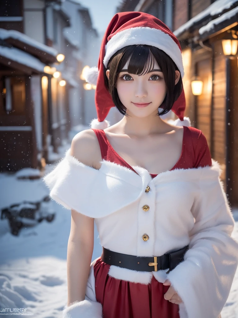 beautiful detailed eyes,droppy eyes,beautiful detailed lips, extremely detailed eyes and face, long eyelashes, 1japanese girl, fantasy character, (Santa Claus costume:1.25),smile,(short hair:2.0),highly detailed, dramatic lighting, glowing effects, mist, intricate details, volumetric lighting, cinematic composition, hyper realistic, 8k, best quality, masterpiece, photorealistic,Highres fix,snowy night town