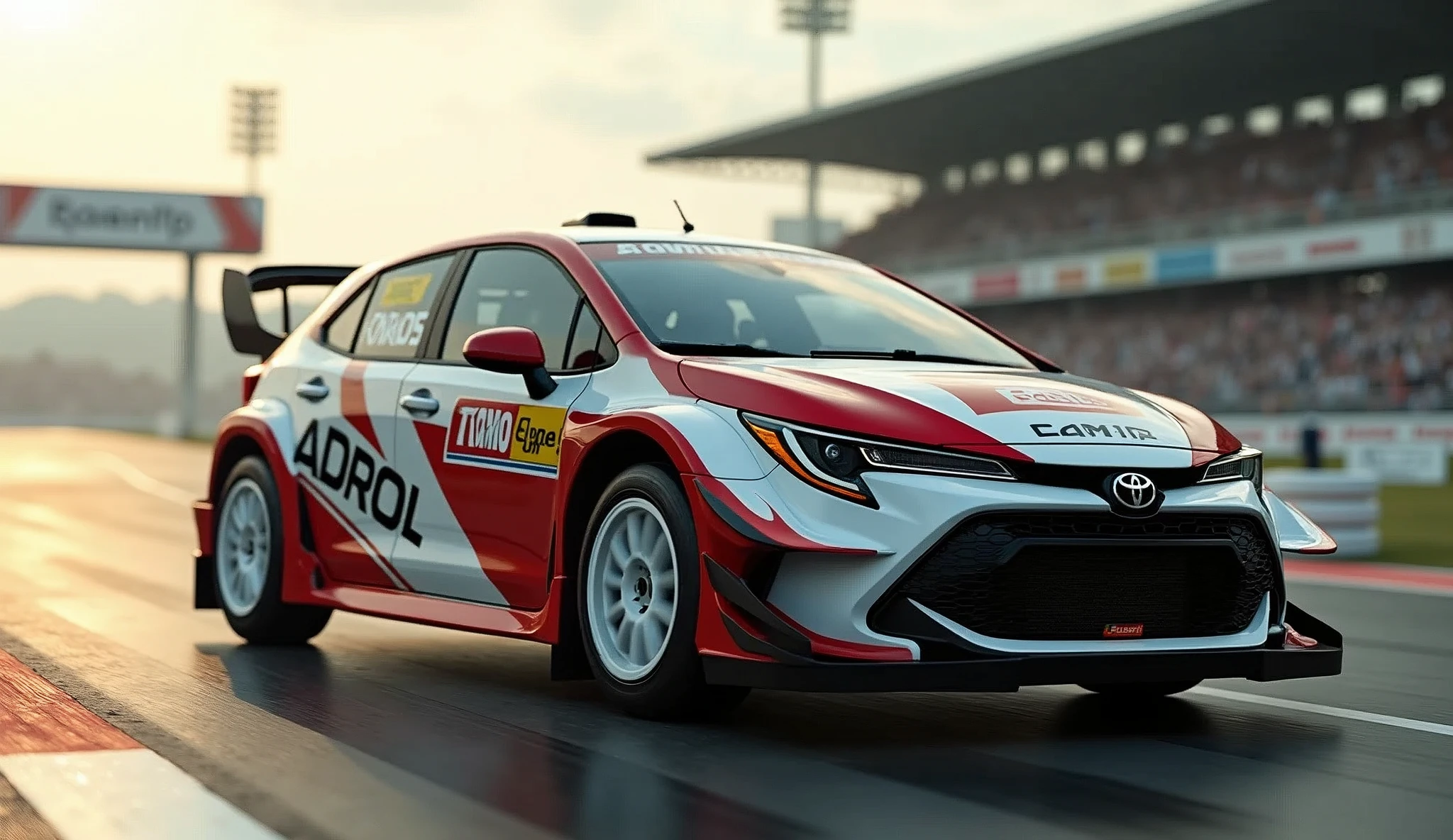 photo,real photo,bokeh, lens flare, atmospheric perspective,blurry background,Toyota、Corolla Sport,Rally spec,Rally venue,Mudflaps,White Wheels,wrc