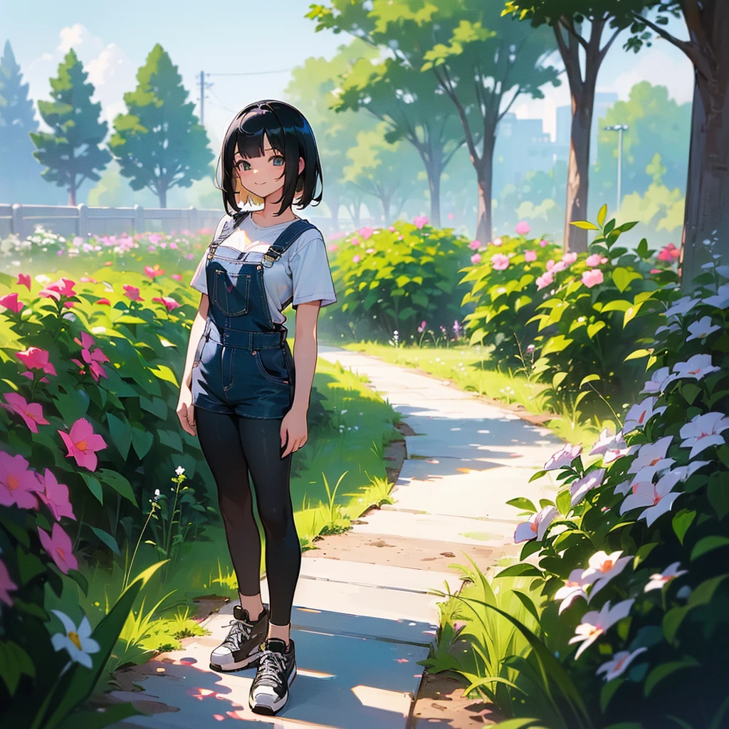 (high quality, High resolution, Very detailed, reality:1.37), Peaceful atmosphere, (Outdoor, garden), Teenage girl standing alone, (my breasts are big.), Beautiful details, Cute Smile, (Black bob hair), Short sleeve shirt, Overalls, Black tights, sneakers.