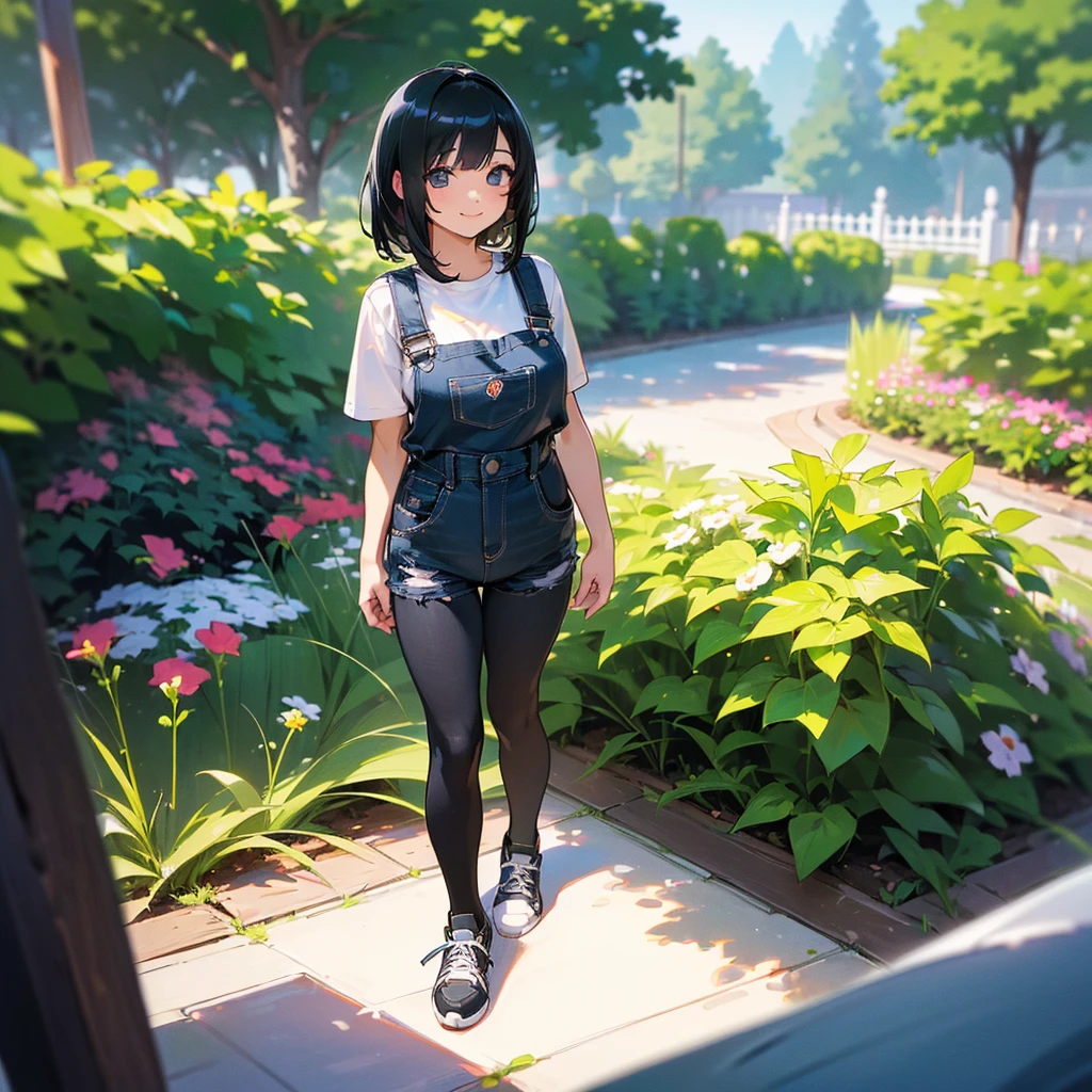 (high quality, High resolution, Very detailed, reality:1.37), Peaceful atmosphere, (Outdoor, garden), Teenage girl standing alone, (my breasts are big.), Beautiful details, Cute Smile, (Black bob hair), Short sleeve shirt, Overalls, Black tights, sneakers.