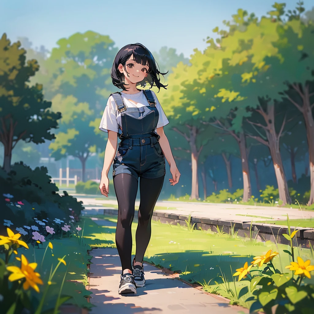 (high quality, High resolution, Very detailed, reality:1.37), Peaceful atmosphere, (Outdoor, garden), Teenage girl standing alone, (my breasts are big.), Beautiful details, Cute Smile, (Black bob hair), Short sleeve shirt, Overalls, Black tights, sneakers.