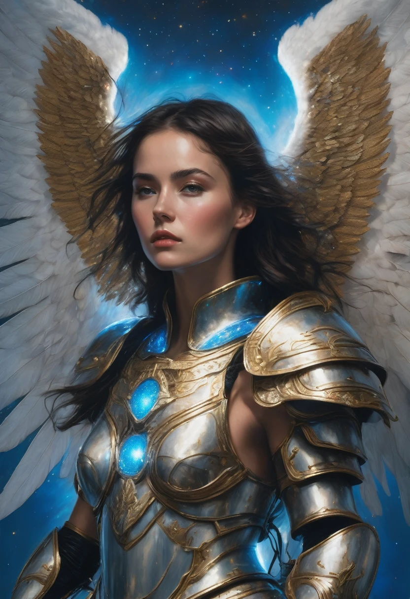 woman with large angel wings and celestial armor with blue lights, (realist)
