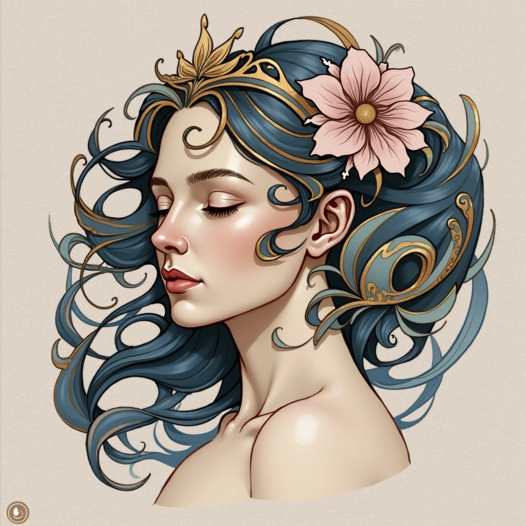 The focus would be on the serene and ethereal face of a woman, with long, flowing hair in the Art Nouveau style, flowing in simple curves around the head. The hair does not need to be extremely detailed, but it would follow an elegant and fluid pattern, with just a few gentle waves and spirals, creating a sense of natural movement.

You can add a small ornament or tiara above the forehead, in the minimalist Art Nouveau style, perhaps with a single flower or a precious stone in the spotlight, keeping the details minimal. around the head, there may be small curved lines or arabesques, just to accentuate the shape of the design.

In the Neo-traditional style, the face would be drawn with bold lines and light shading, highlighting features like the eyes, nose and lips in a simplified way, but impactful. Soft cores like gold, light blue or pink can be used in a controlled way, keeping the design clean and not overloading the image with too many elements.

This design captures the essence of Art Nouveau through fluidity and elegant shapes, while the neo-traditional style maintains the graphic impact and visual simplicity.