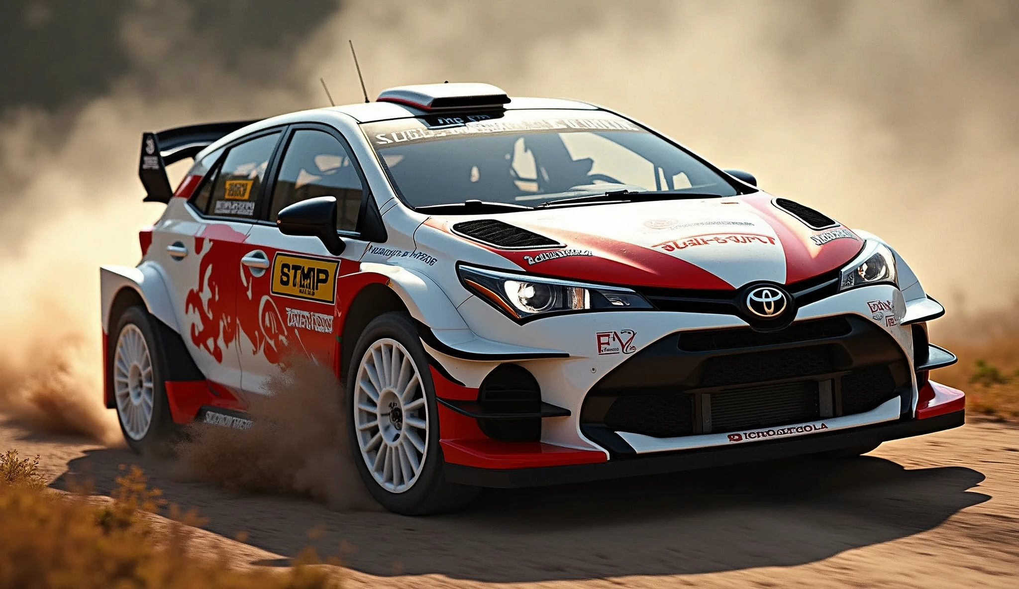 photo,real photo,bokeh, lens flare, atmospheric perspective,blurry background,Toyota、Corolla Sport,Rally spec,Rally venue,Mudflaps,White Wheels,wrc、Rally Course,drift
