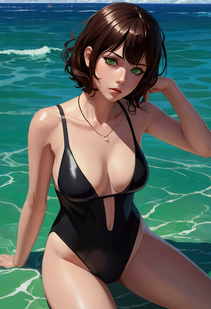 character d'anime girl'a woman in a black swimsuit with short brown hair, neck length, green eyes, a digital painting inspired by Tomer Hanuka, Trends on Pixiv, serial art, heavy gesture style closeup, full body details, wearing a swimsuit, animated style, hyper detailed anime style, character de style anime, amazing detailed art style, Realistic art style, D style'clean and detailed anime, modern anime style, dark hair