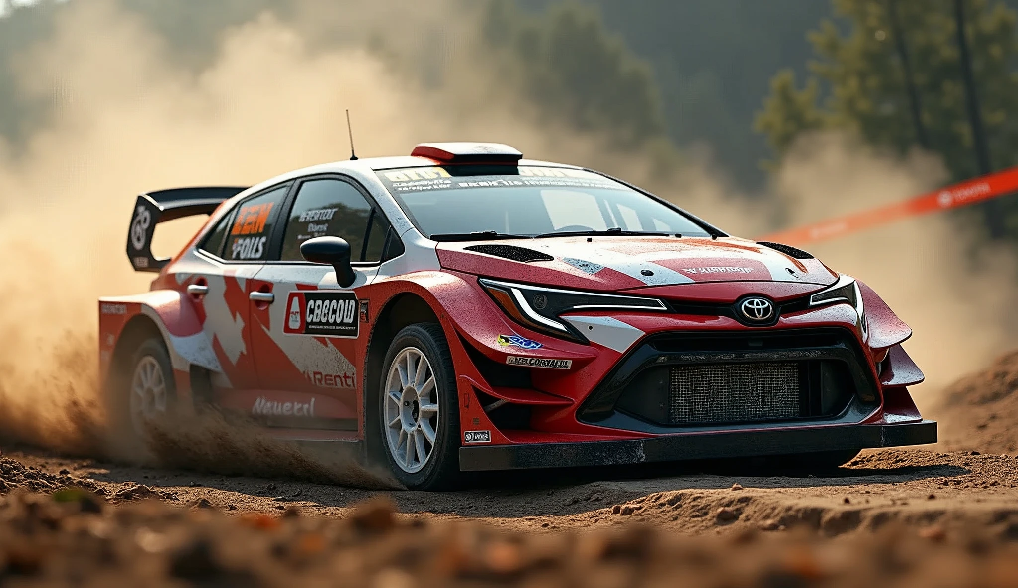 photo,real photo,bokeh, lens flare, atmospheric perspective,blurry background,Toyota、Corolla Sport,Rally spec,Rally venue,Mudflaps,White Wheels,wrc、Rally Course,drift