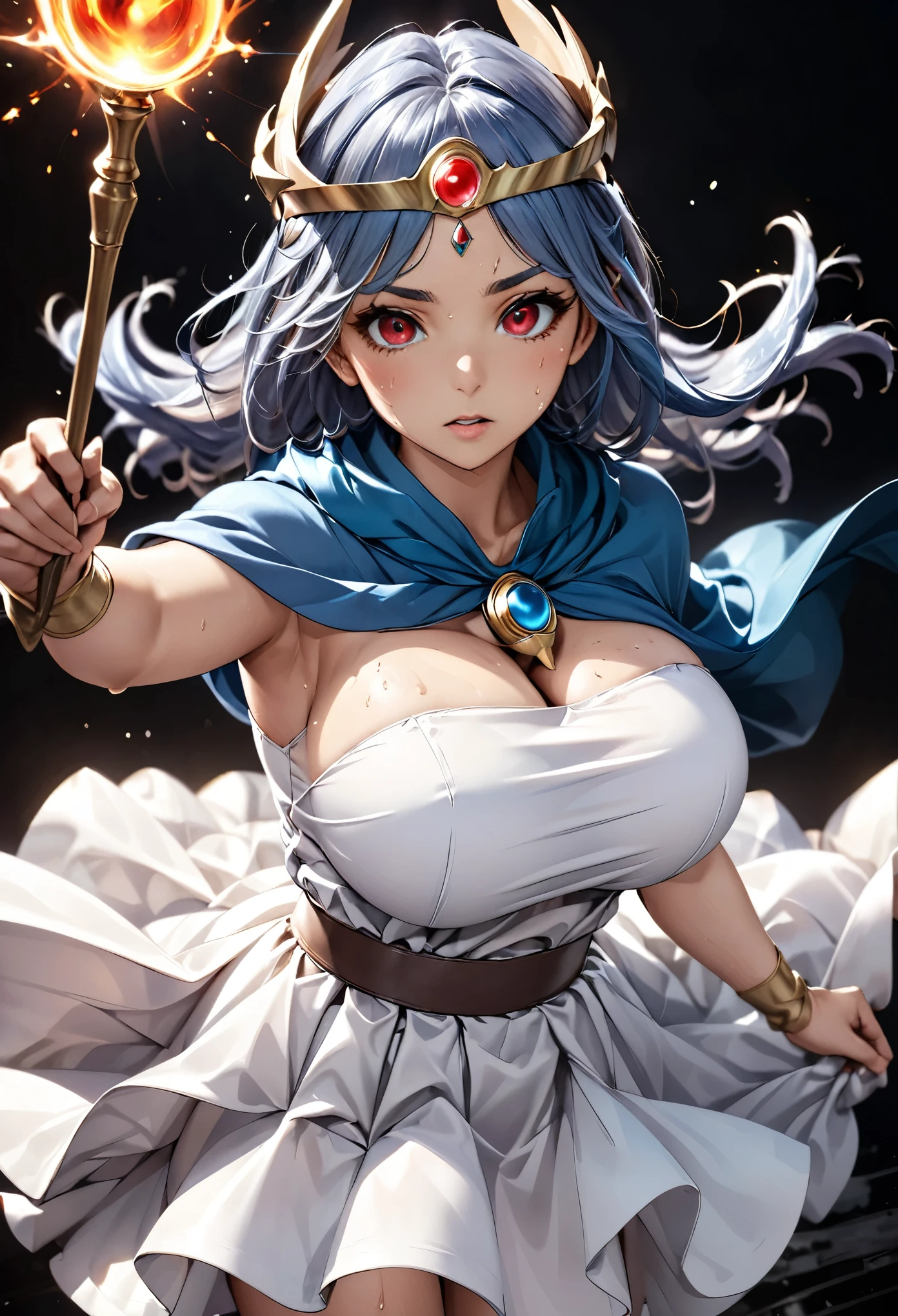 Masterpiece、Highly detailed drawing、Professional illustrations、Cinematic lighting、Detailed face、Detailed eyes、Black background、alone、woman、Beauty、sauce_game、Dragon Quest 3、Sorceress、Blue Hair、White Dress、Blue Cape、Magic wand、Red eyes、Circlet、Big Breasts、Large Breasts、Fighting Pose、Best Shot、whole body、Best Angle、Sweat all over the body