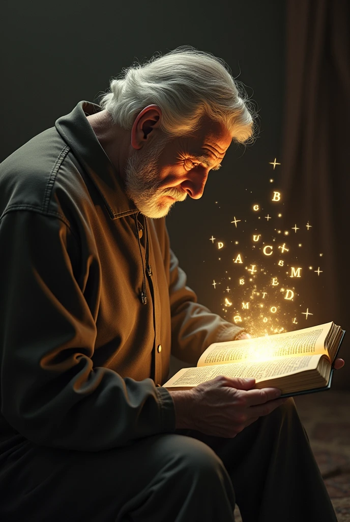 A devotional image of someone reading the Bible with letters coming out of it