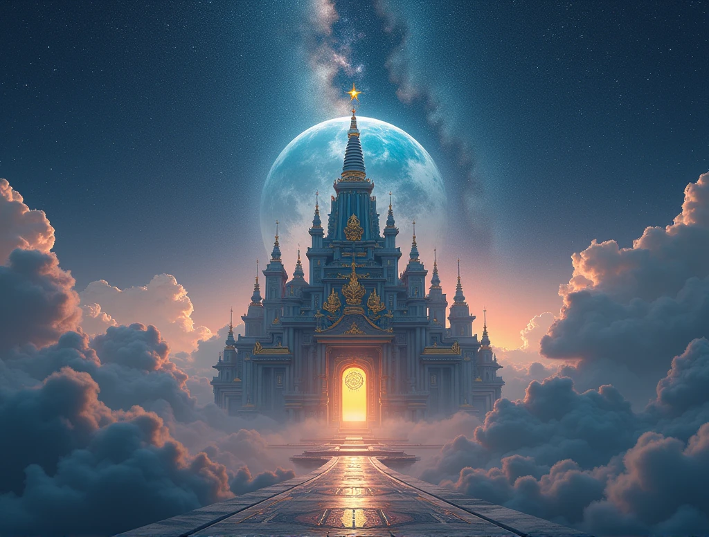 very far Notredame in a large Asian astral temple 
