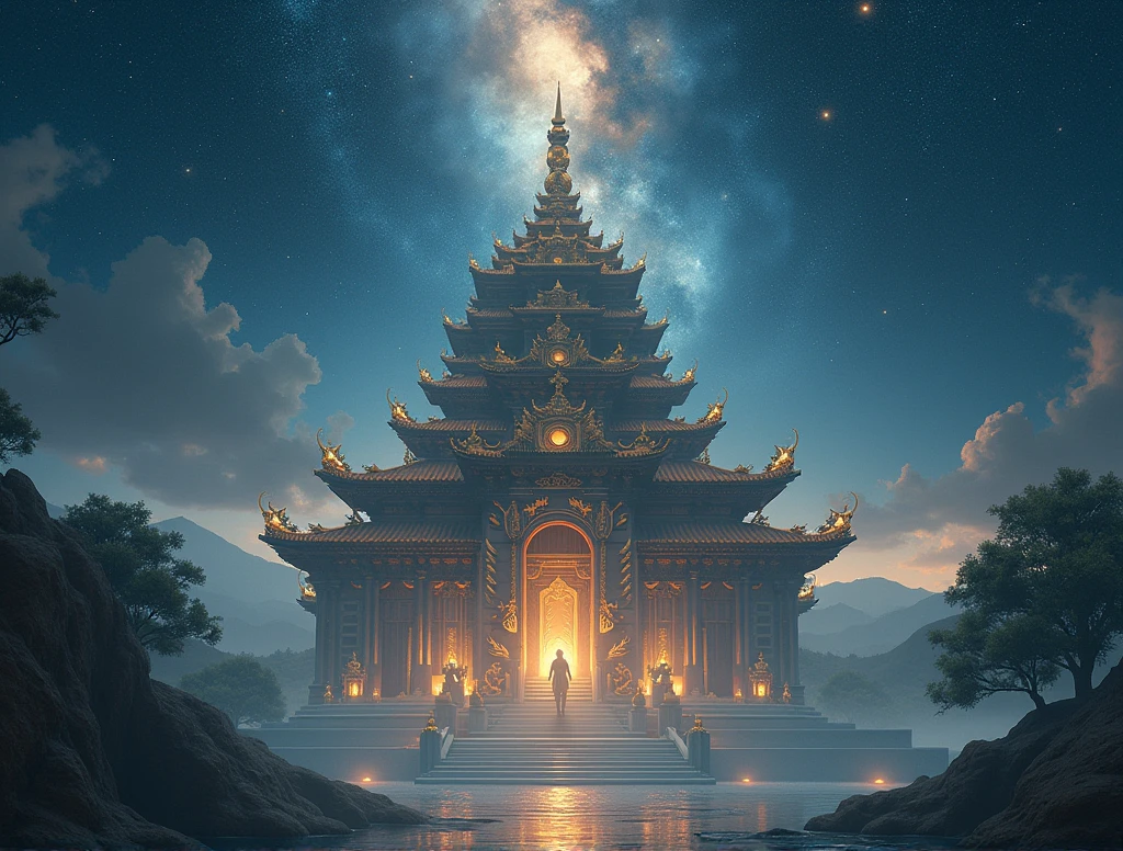 very far Notredame in a large Asian astral temple