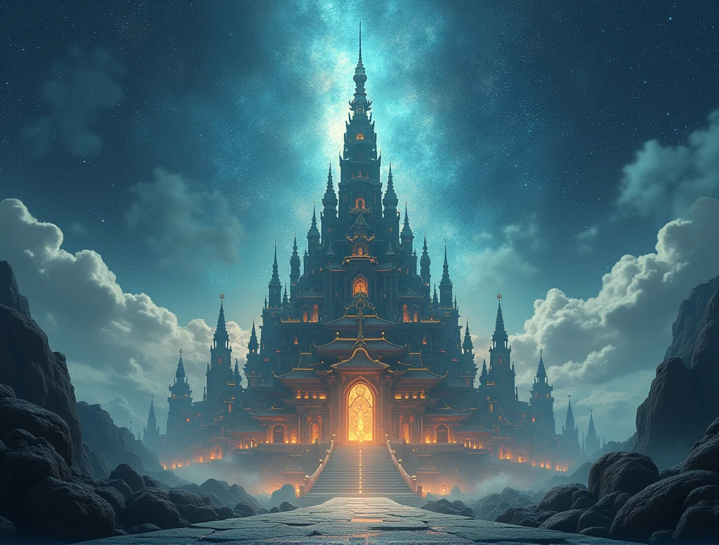 very far Notredame in a large Asian astral temple
