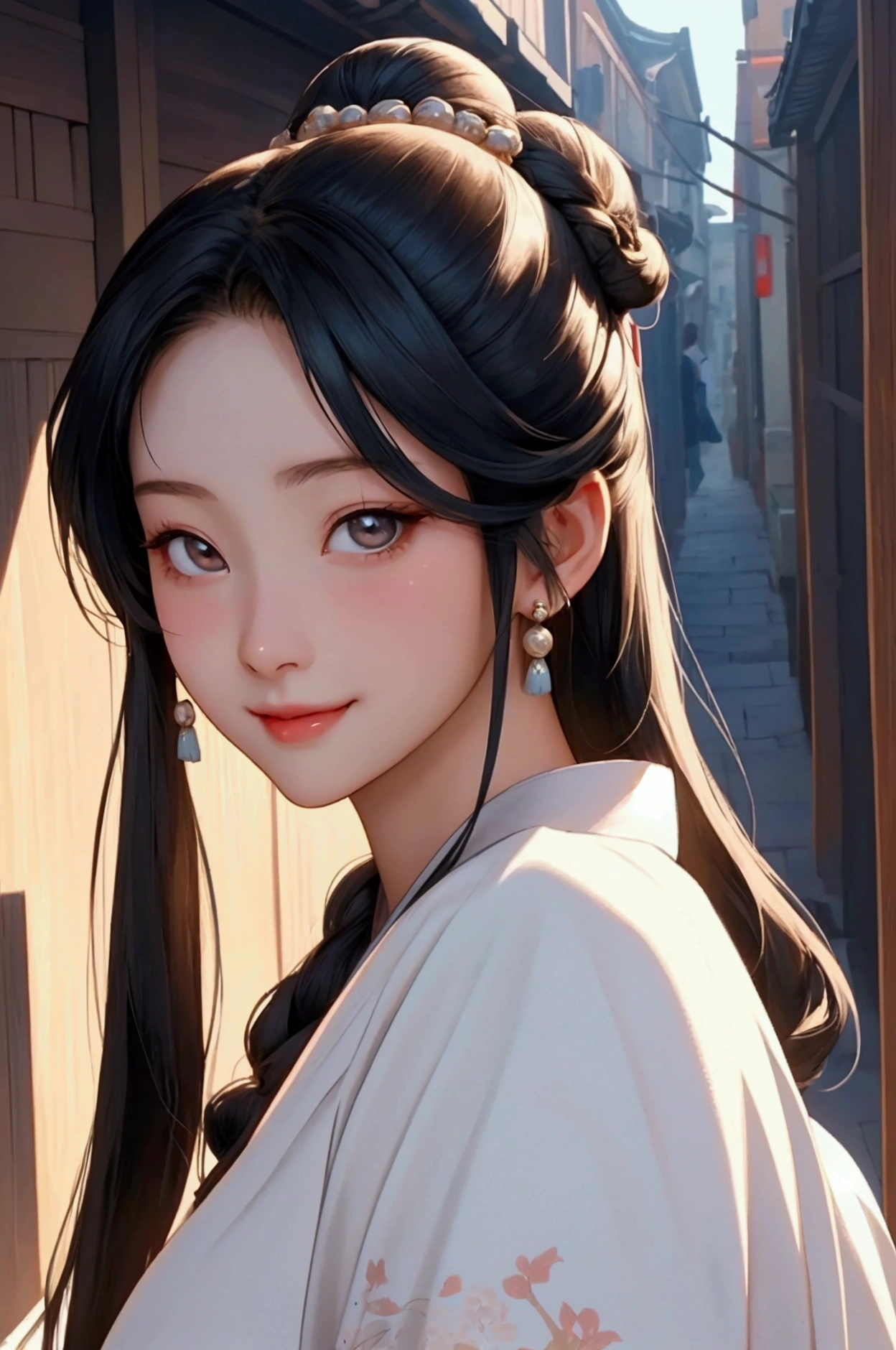 ( High resolution、 Super detailed)、masterpiece、Highest quality、High resolution、8k、Realistic Face、Realistic skin texture、 Amazing clarity、Detailed Anime、-yeld fee、Beautiful Face、Beautiful Face、Pretty lips、Balanced style、Hair styled in a bright-colored round bun、Smiling eyes、Hanfu、Mischievous girl、Walking、Buildings from the Tang Dynasty、Old city streets of China、Cowboy Shot、Detailed Animeアート、Detailed CG、