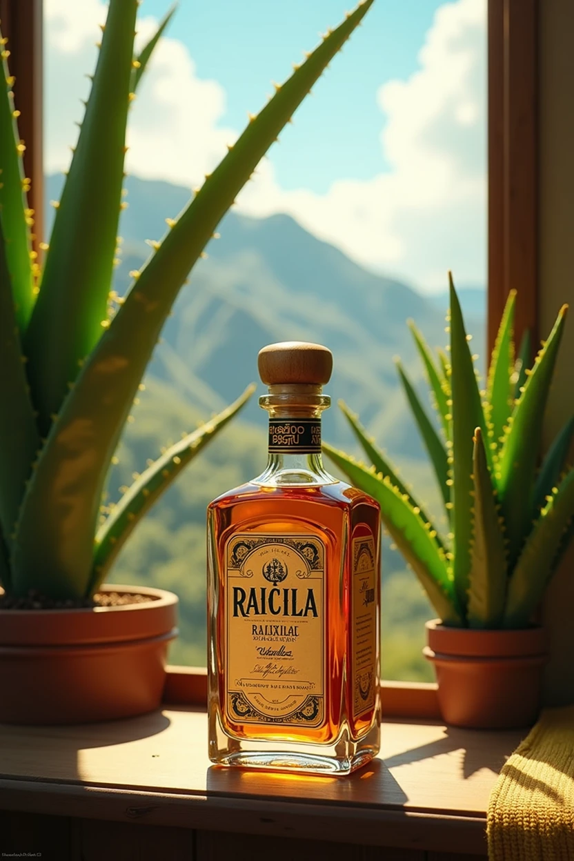 (photorealism:1.2), Una botella de Raicilla rodeada de agaves, con un fondo que represente las montañas de Jalisco. soft lighting, plants in background, window with sunlight, cozy room, relaxed pose, realistic, intricate details, warm colors, by Greg Rutkowski, by Alphonse Mucha