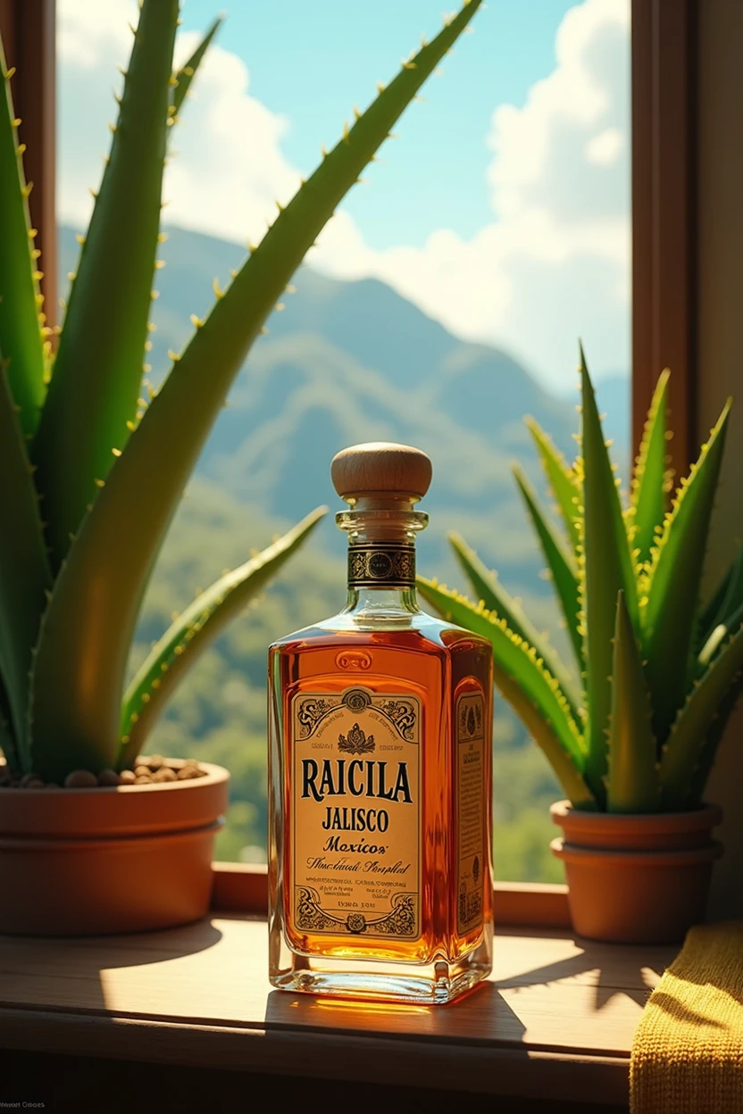 (photorealism:1.2), Una botella de Raicilla rodeada de agaves, con un fondo que represente las montañas de Jalisco. soft lighting, plants in background, window with sunlight, cozy room, relaxed pose, realistic, intricate details, warm colors, by Greg Rutkowski, by Alphonse Mucha
