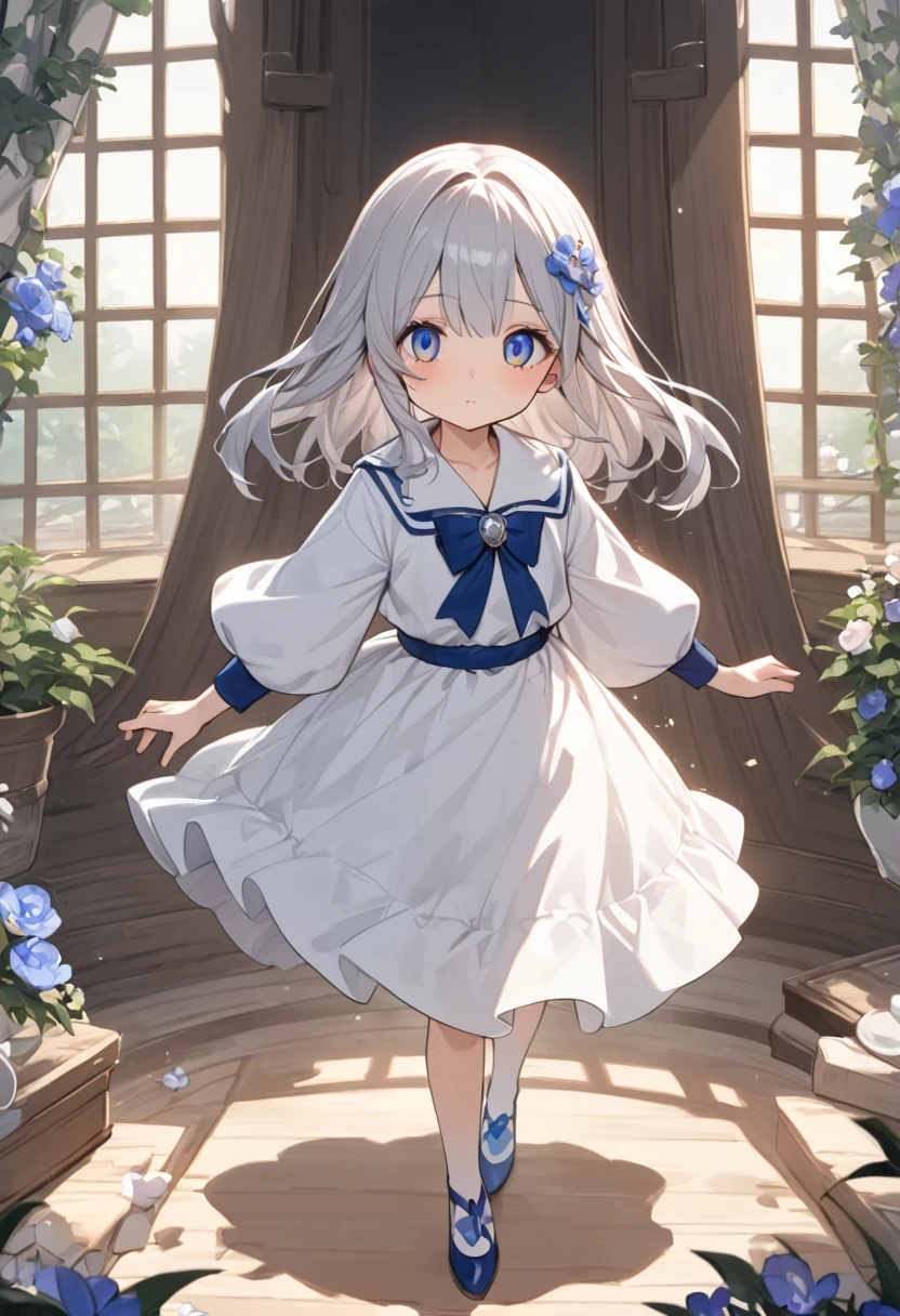 High definition、8K、巫女服を着た清楚なbeautiful girl、Flowers sprout from beneath your feet、15age~18age、Long silver hair that's half blue、Full body portrait、beautiful girl、Long-hemmed outfit、Large opal eyes、Powerful eyes、Kagura dance、Sacred