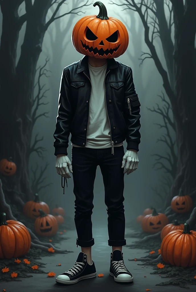 Make a humanoid black halloween pumpkin wearing a black leather jacket and a white shirt, wearing black pants and sneakers, plus white gloves on his arm. (Don't make her tall) with a dark anime art style