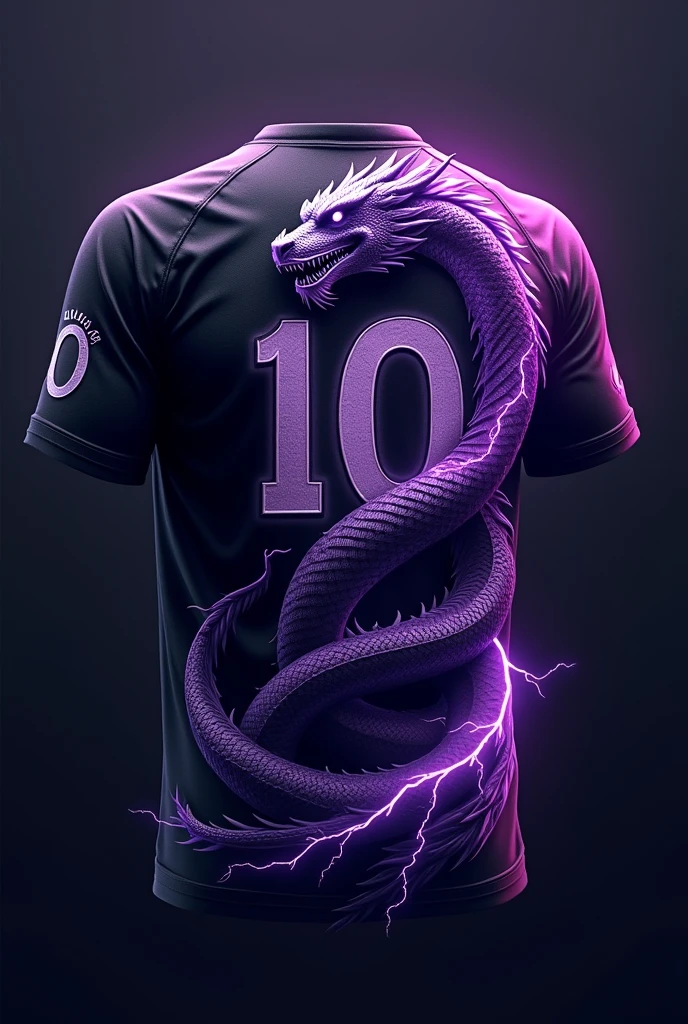 create football shirt,that has a design of a mystical dragon and lightning bolts and has the number 10 on the print,and that it be black and purple.front and back