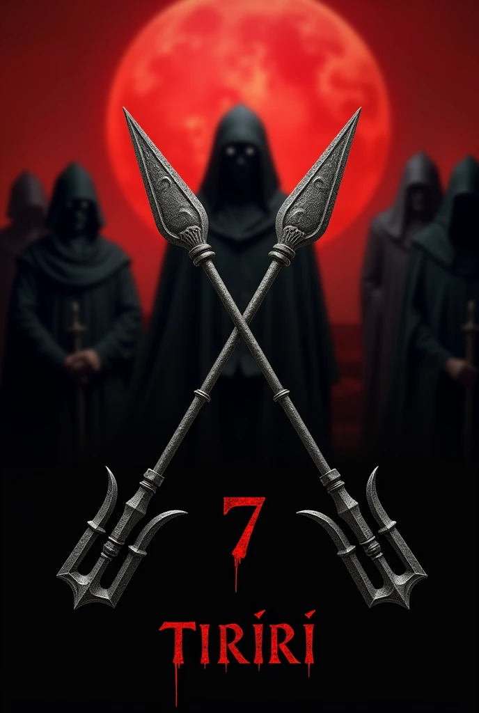 Black background
Two crossed antique tridents in the middle of the image
Not black color
On the right side a number seven
On the left side written ( Tiriri )
Red half
Black half
With men in the background all wearing capes in the blurred background 