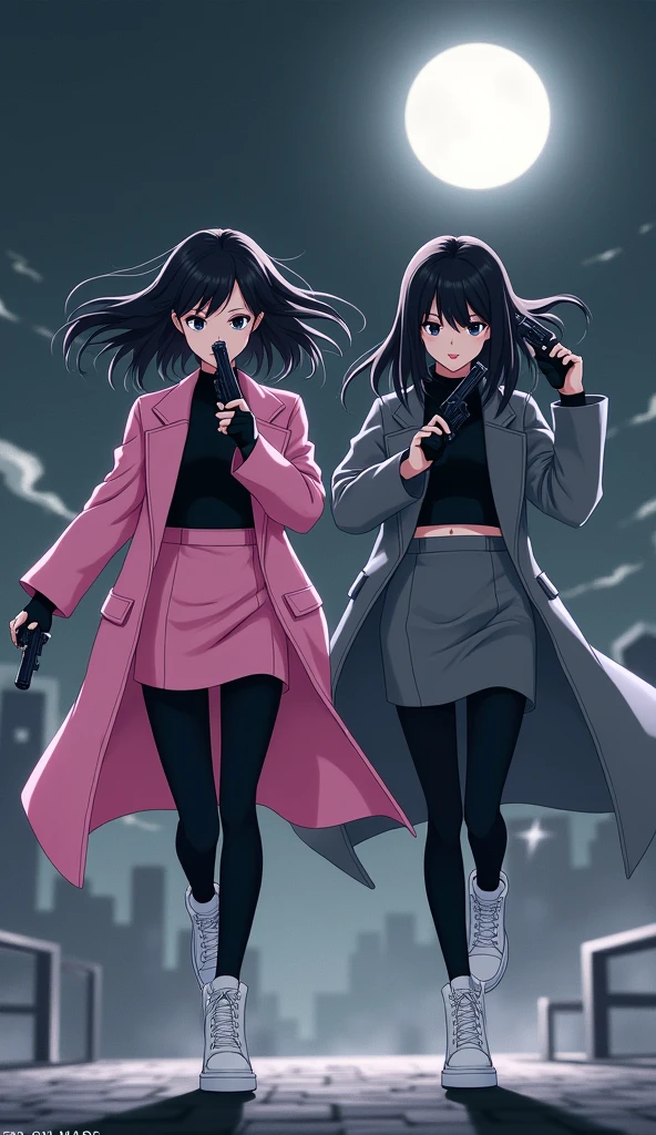 The first young women black eyes wear a pink long coat, black shirt, pink pencil skirt, black underpants, black tights, black gloves, white sneakers high top.

The second young women black eyes wore a grey long coat, black shirt, grey pencil skirt, black underpants, black tights, black gloves, white sneakers high top.

holding a one pistol handguns, running, black grey sky, fantastic night sky, moon, cartoon anime, 4K, HD