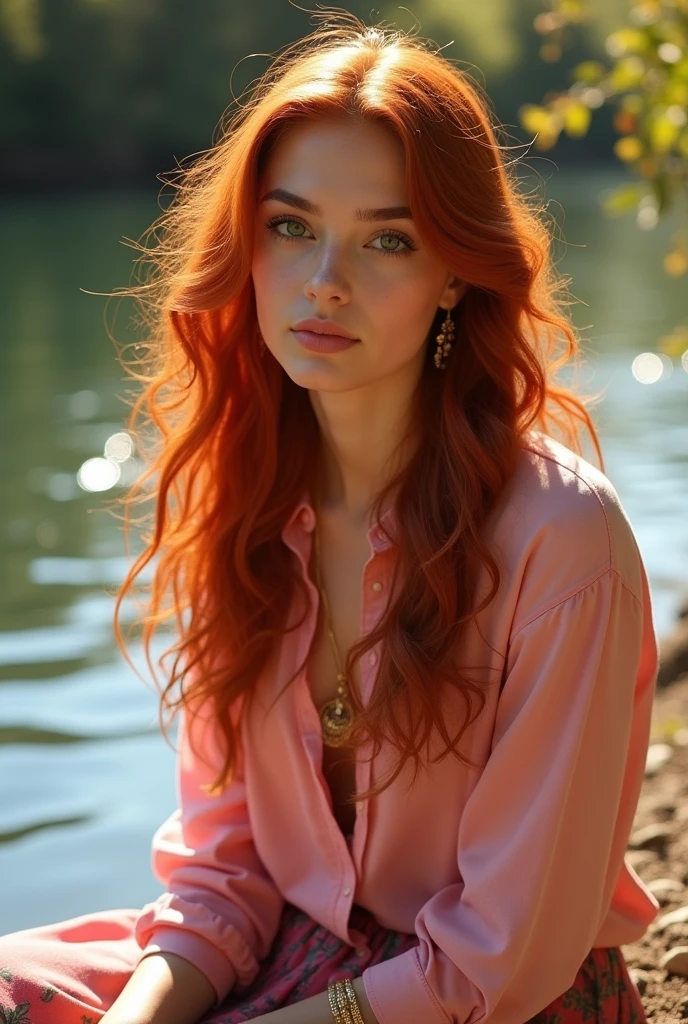 Portrait of a 17 year old Persian girl with long red hair sitting on the bank of a flowing river, wearing a pink shirt ,and long floral skirt, wearing a gold pendant necklace and a beautiful bracelet ,gold color with sunlight shining on her hair,on a sunny morning,facing the camera